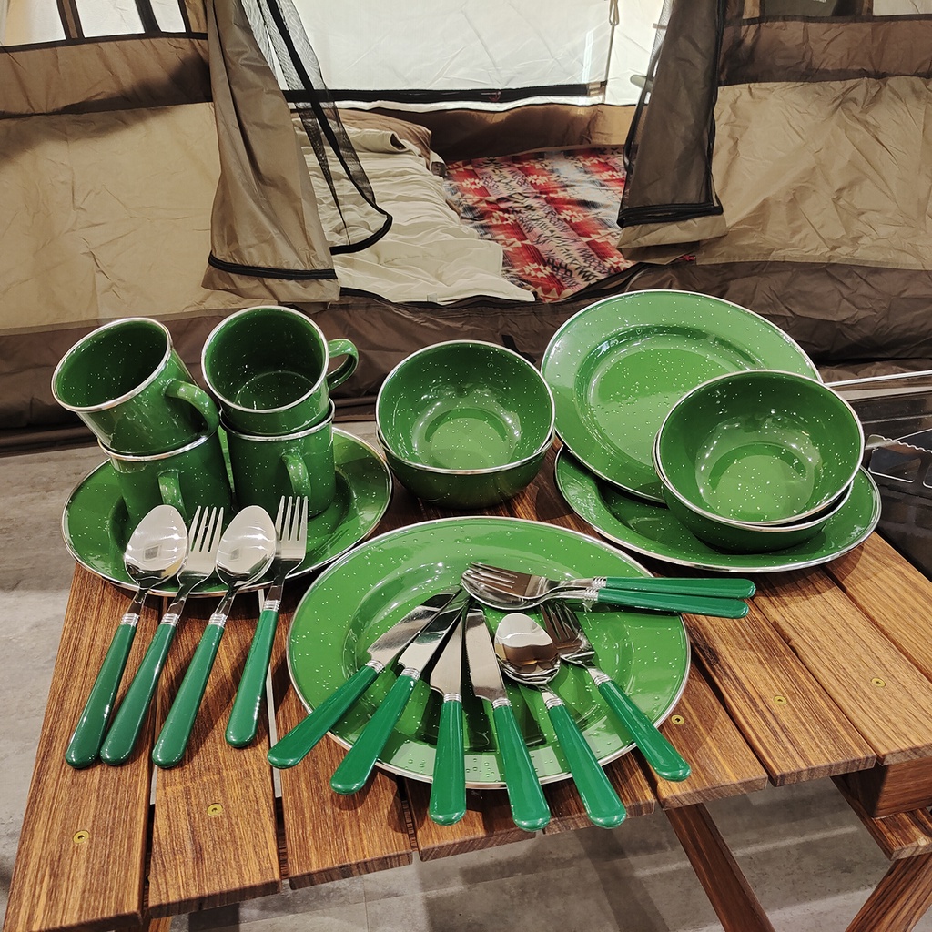 ชุดจานเขียว Deluxe 24-Piece Enamel Tableware Set